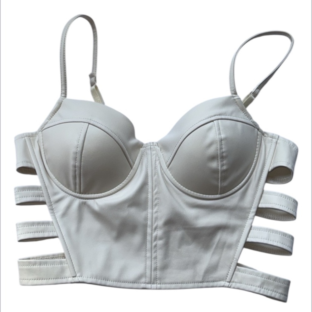 Fashion Nova Cream/Off White Faux Leather  Strappy Bustier Zippered Back Size M